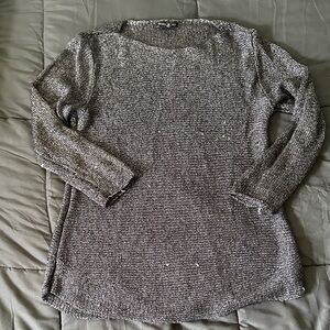 Eileen Fisher Metallic Gray Linen Crewneck Knit Sweater
